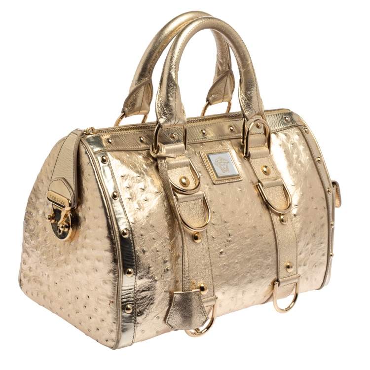 Pre Owned Versace Gold Ostrich Embossed Leather Snap Out Of It Satchel
