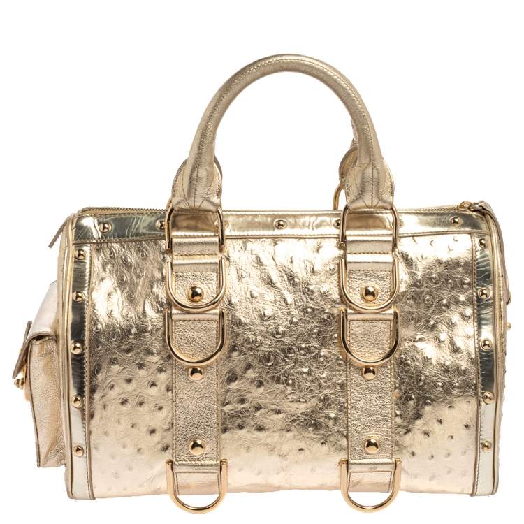 Pre Owned Versace Gold Ostrich Embossed Leather Snap Out Of It Satchel