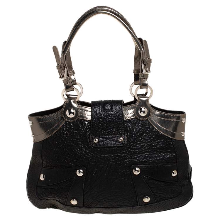 Pre Owned Versace Black/Metallic Leather Medusa Plaque Flap Satchel 