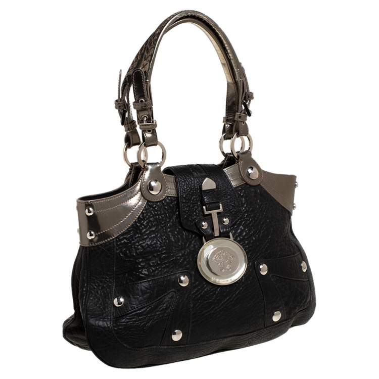 Pre Owned Versace Black/Metallic Leather Medusa Plaque Flap Satchel 