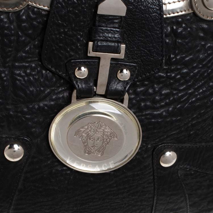 Pre Owned Versace Black/Metallic Leather Medusa Plaque Flap Satchel 