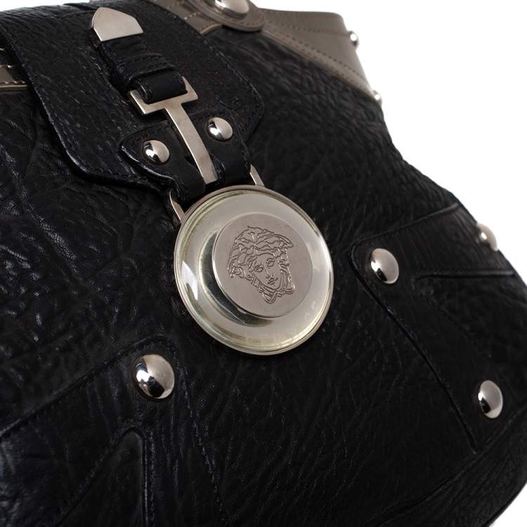 Pre Owned Versace Black/Metallic Leather Medusa Plaque Flap Satchel 