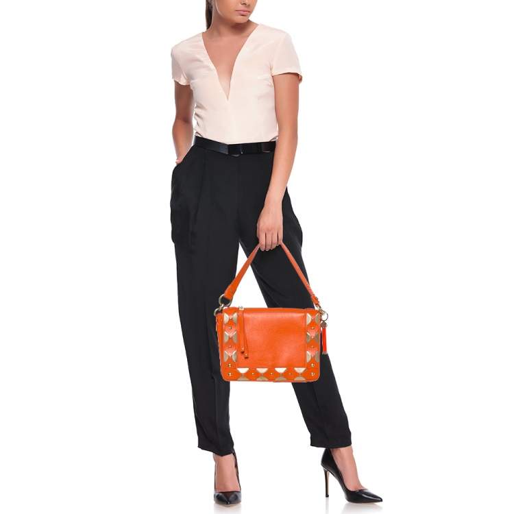 مملوكة مسبقًا Versace Orange Leather Studded Flap Shoulder Bag