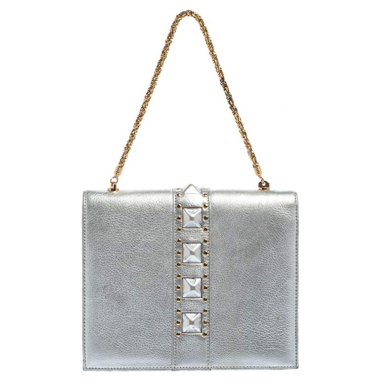 Pre Owned Versace Silver Leather Studded Flap Clutch