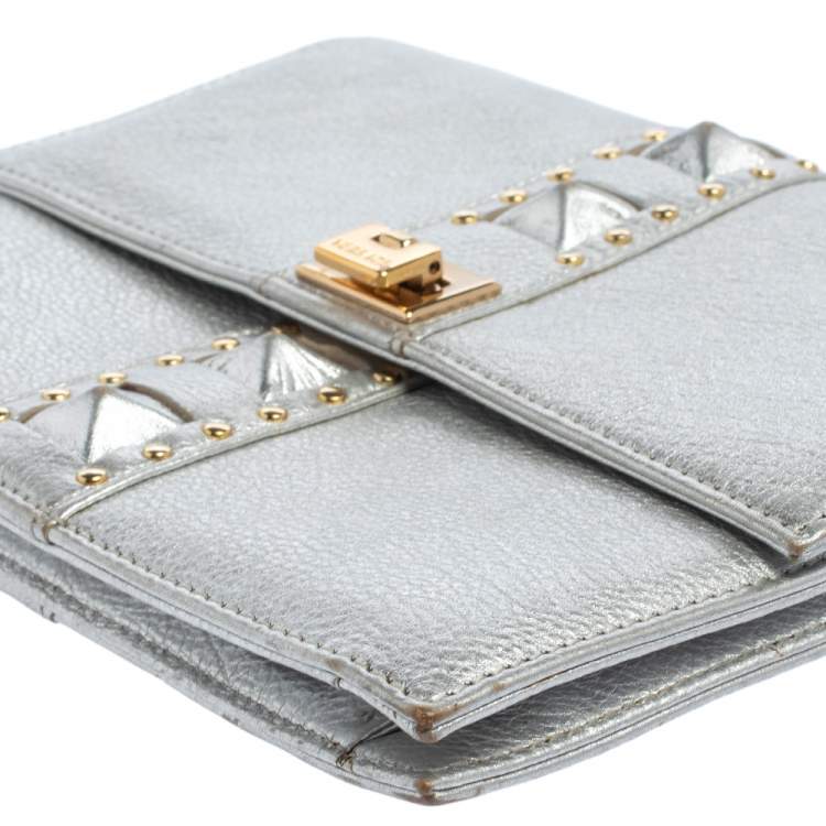 Pre Owned Versace Silver Leather Studded Flap Clutch