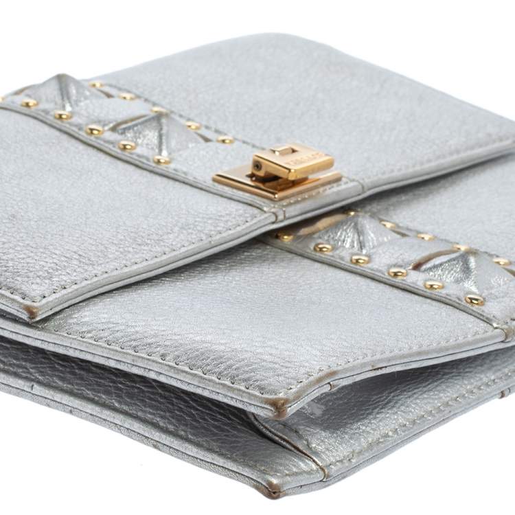 Pre Owned Versace Silver Leather Studded Flap Clutch