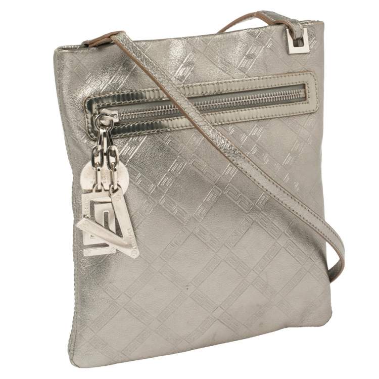 Pre Owned Versace Metallic Silver Leather Slim Crossbody Bag