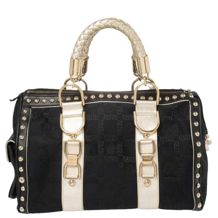 Pre Owned Versace Black Monogram Fabric and Leather Snap Out Of It Satchel
