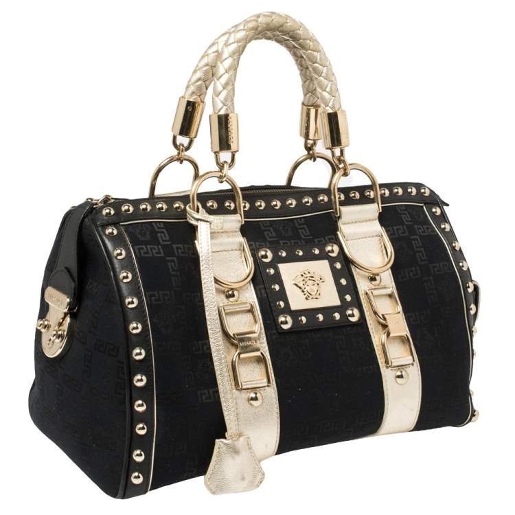 Pre Owned Versace Black Monogram Fabric and Leather Snap Out Of It Satchel