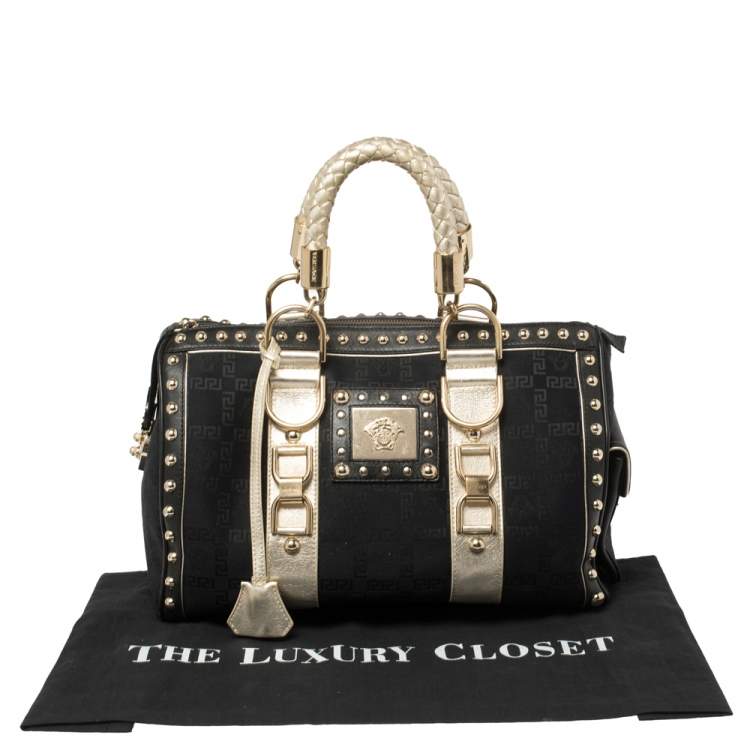 Pre Owned Versace Black Monogram Fabric and Leather Snap Out Of It Satchel
