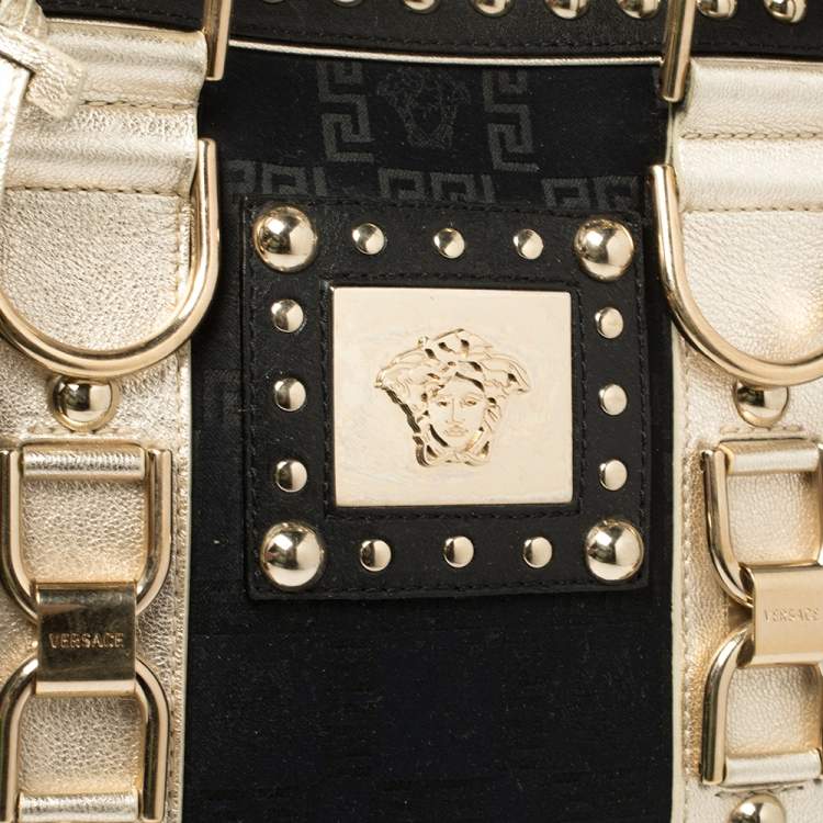 Pre Owned Versace Black Monogram Fabric and Leather Snap Out Of It Satchel