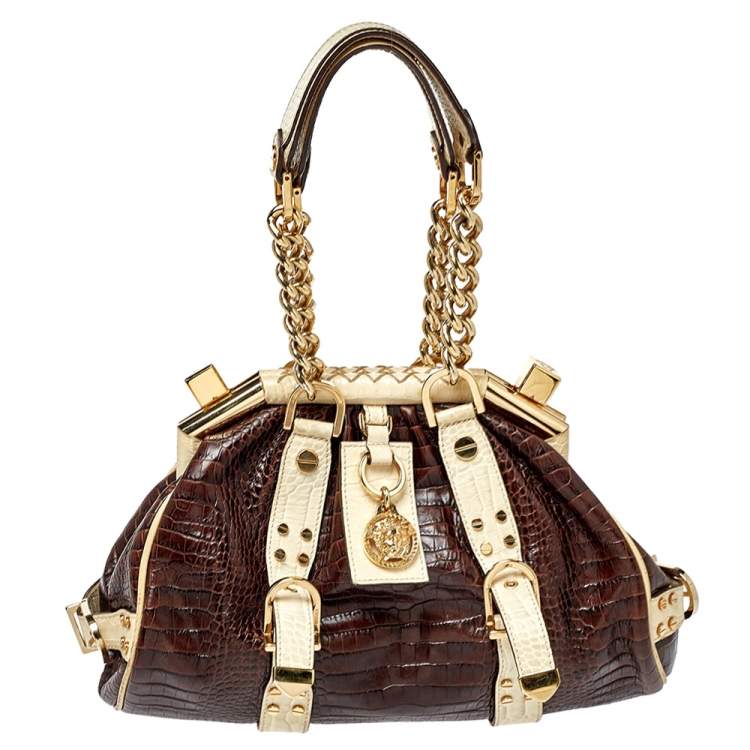 Pre Owned Versace Brown/Beige Croc Embossed Leather Madonna Satchel