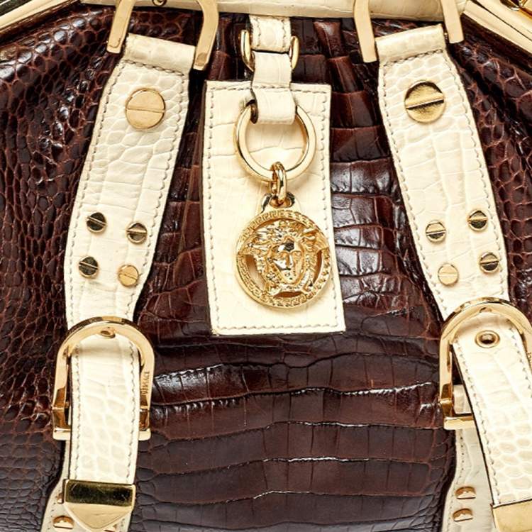 Pre Owned Versace Brown/Beige Croc Embossed Leather Madonna Satchel