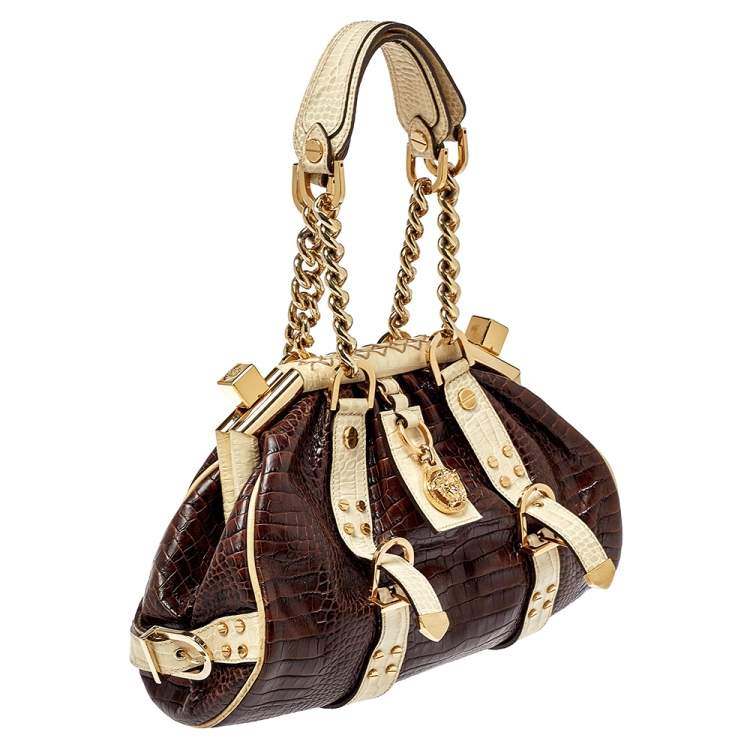 Pre Owned Versace Brown/Beige Croc Embossed Leather Madonna Satchel