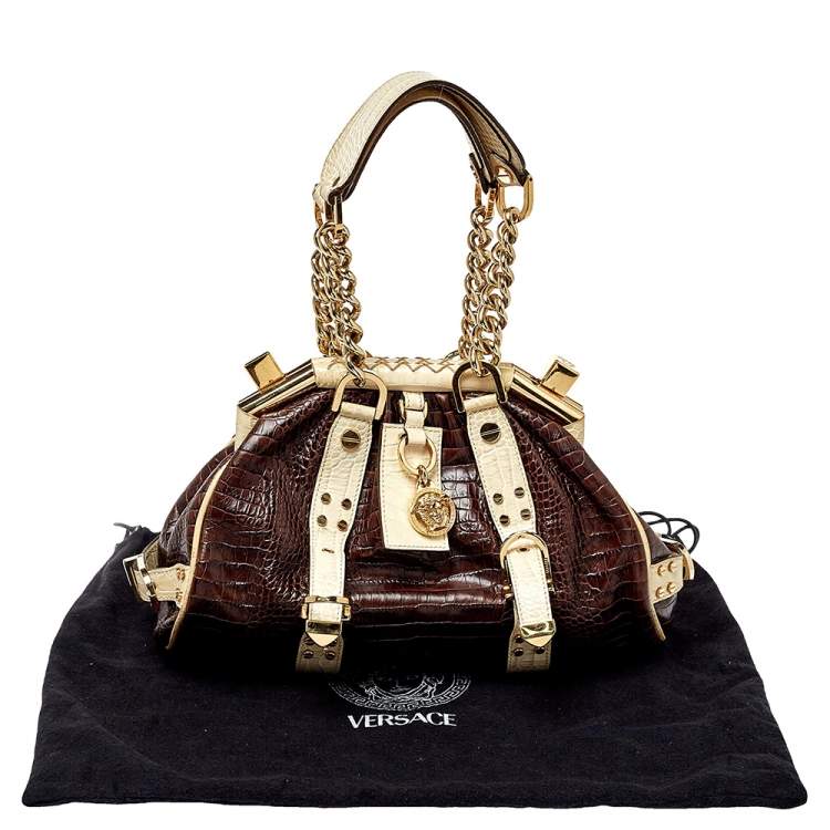 Pre Owned Versace Brown/Beige Croc Embossed Leather Madonna Satchel