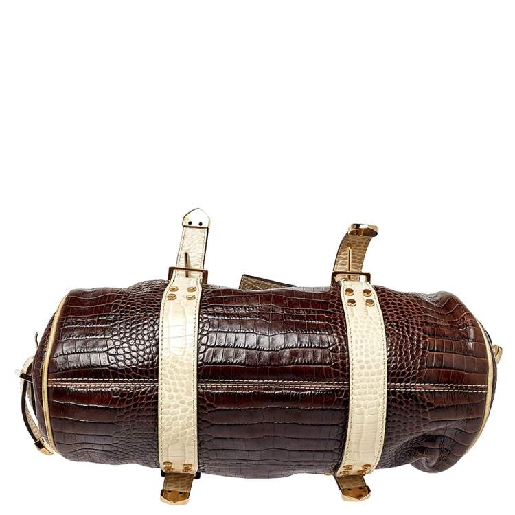 Pre Owned Versace Brown/Beige Croc Embossed Leather Madonna Satchel