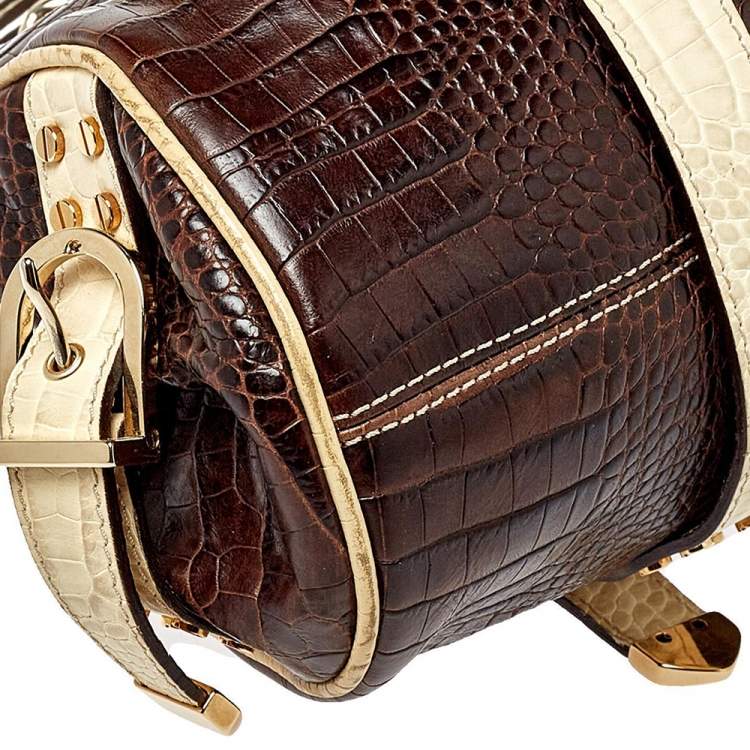 Pre Owned Versace Brown/Beige Croc Embossed Leather Madonna Satchel