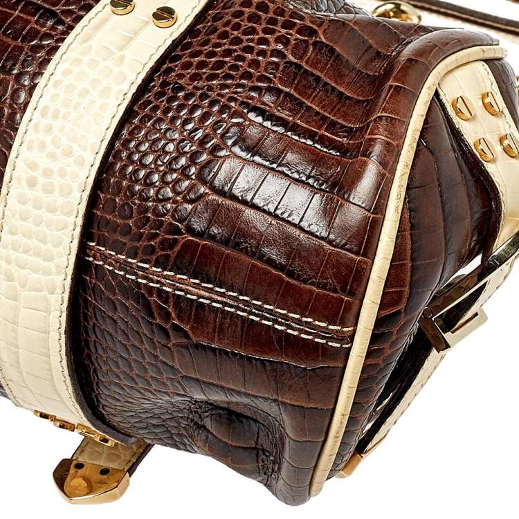 Pre Owned Versace Brown/Beige Croc Embossed Leather Madonna Satchel