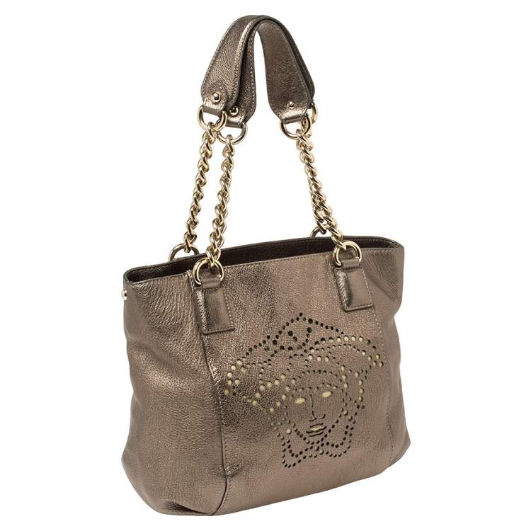 Pre Owned Versace Metallic Perforated Logo Leather Chain Hobo