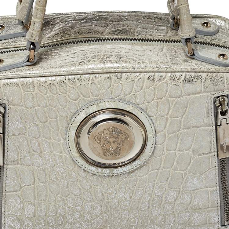 مملوكة مسبقًا Versace Silver Croc Embossed Leather Satchel