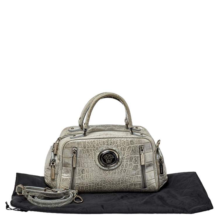 مملوكة مسبقًا Versace Silver Croc Embossed Leather Satchel