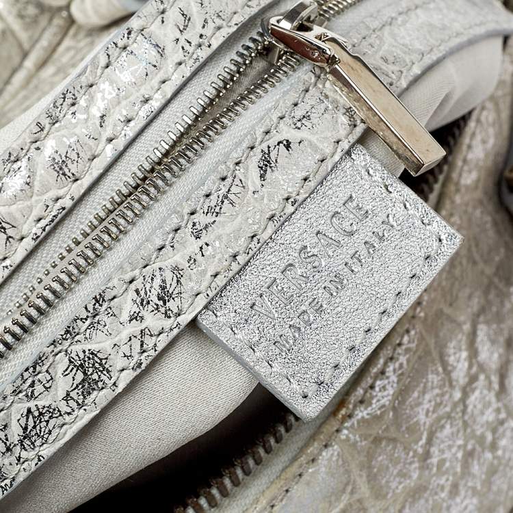 مملوكة مسبقًا Versace Silver Croc Embossed Leather Satchel