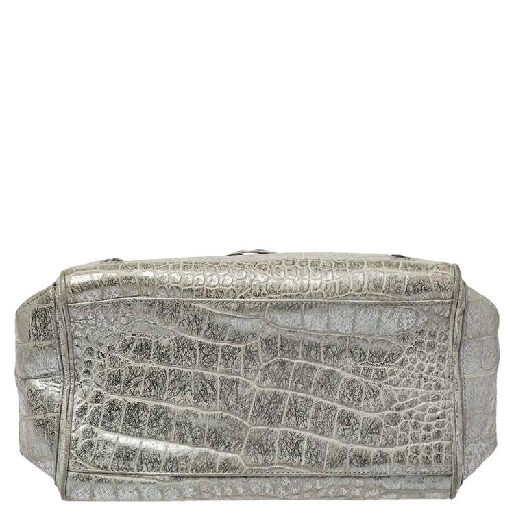 مملوكة مسبقًا Versace Silver Croc Embossed Leather Satchel