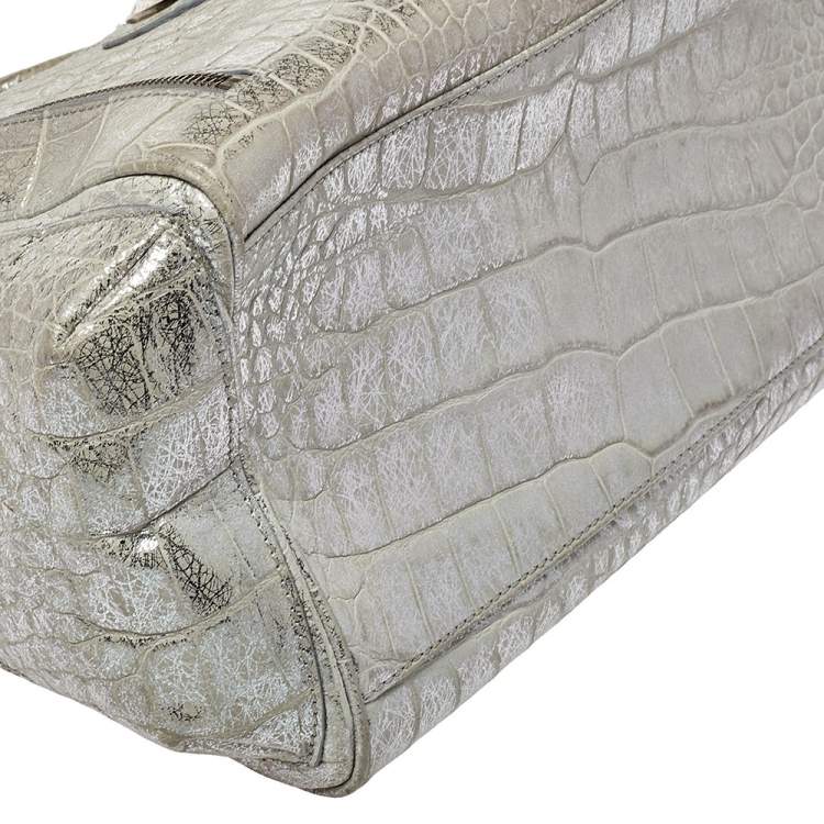 مملوكة مسبقًا Versace Silver Croc Embossed Leather Satchel