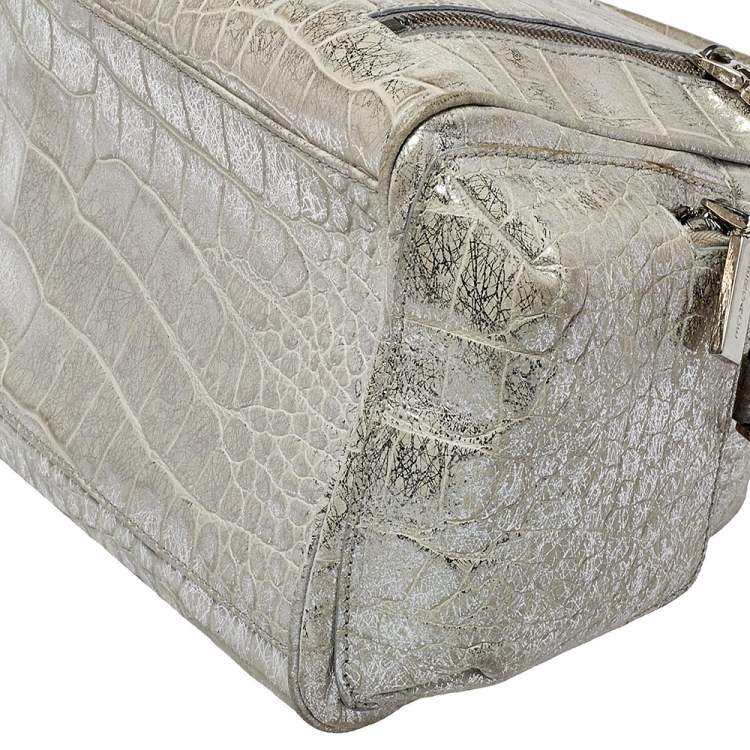 مملوكة مسبقًا Versace Silver Croc Embossed Leather Satchel