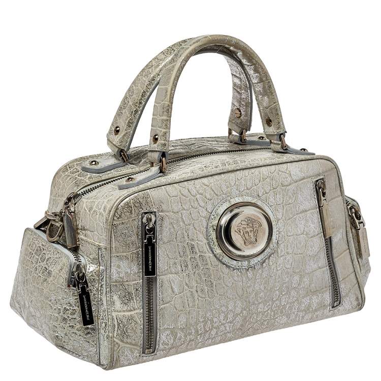 مملوكة مسبقًا Versace Silver Croc Embossed Leather Satchel