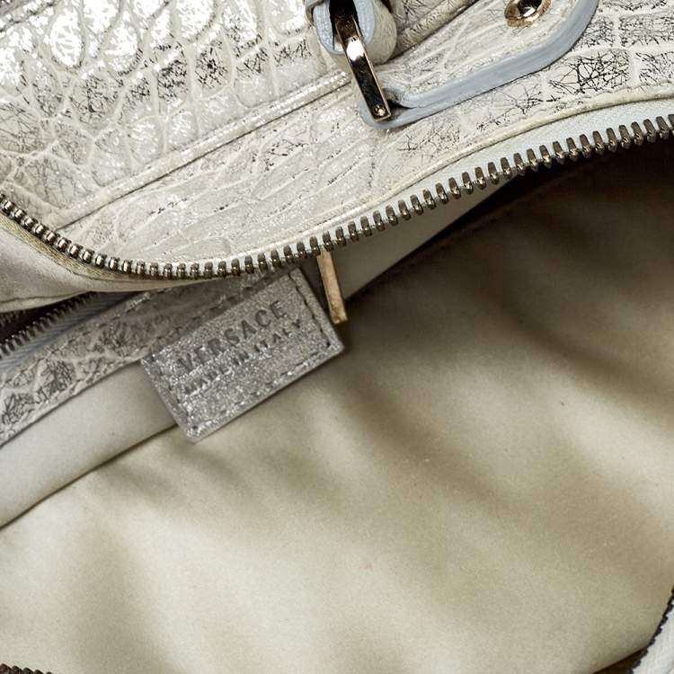 مملوكة مسبقًا Versace Silver Croc Embossed Leather Satchel