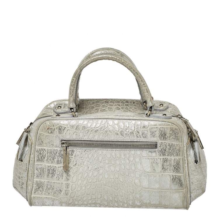مملوكة مسبقًا Versace Silver Croc Embossed Leather Satchel