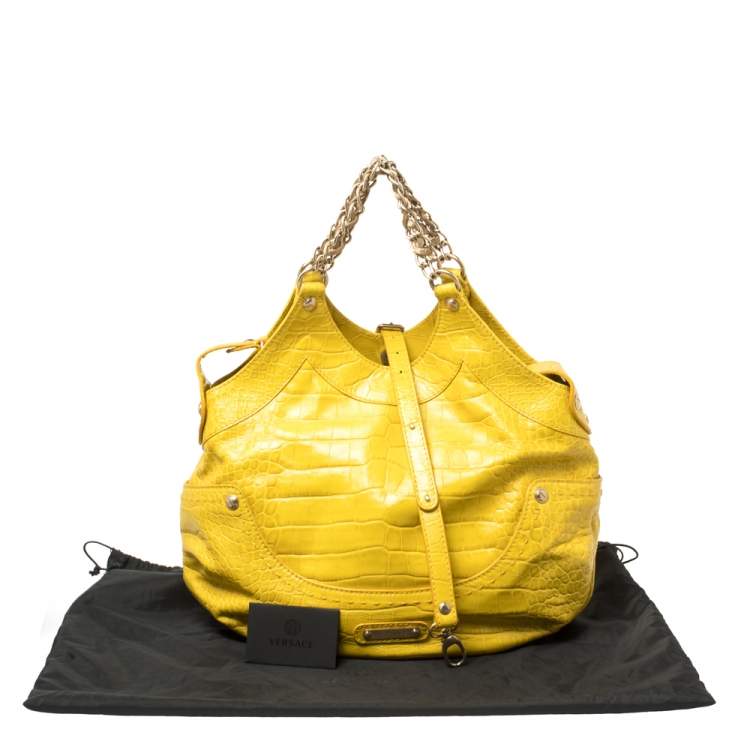 Pre Owned Versace Yellow Croc Embossed Leather Kiss Shoulder Bag