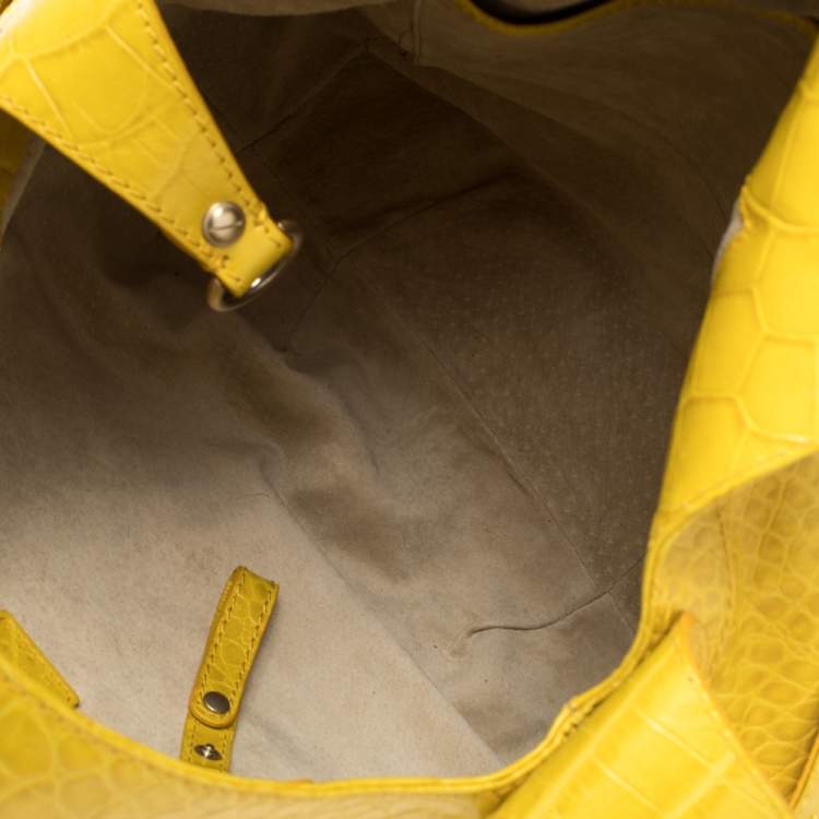 Pre Owned Versace Yellow Croc Embossed Leather Kiss Shoulder Bag