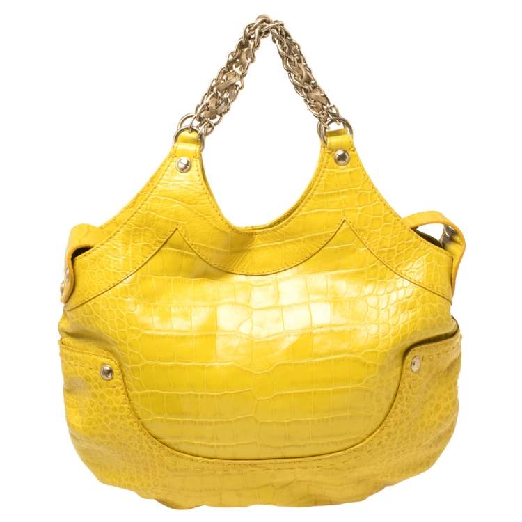 Pre Owned Versace Yellow Croc Embossed Leather Kiss Shoulder Bag