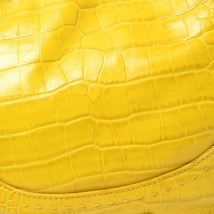Pre Owned Versace Yellow Croc Embossed Leather Kiss Shoulder Bag