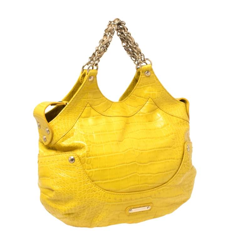 Pre Owned Versace Yellow Croc Embossed Leather Kiss Shoulder Bag