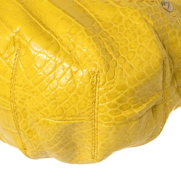 Pre Owned Versace Yellow Croc Embossed Leather Kiss Shoulder Bag
