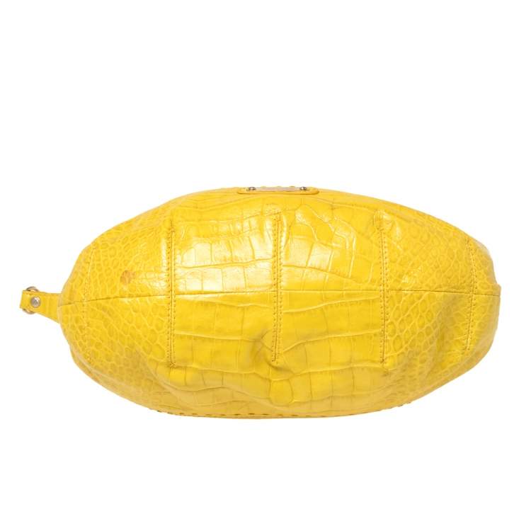 Pre Owned Versace Yellow Croc Embossed Leather Kiss Shoulder Bag