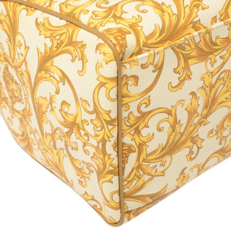 Pre Owned Versace Mustard/Beige Printed Coated Canvas and Leather Medusa Boston Bag