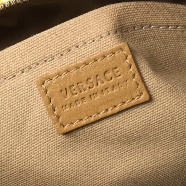 Pre Owned Versace Mustard/Beige Printed Coated Canvas and Leather Medusa Boston Bag