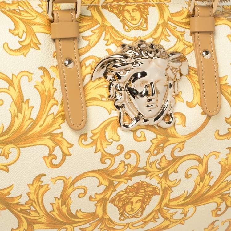 Pre Owned Versace Mustard/Beige Printed Coated Canvas and Leather Medusa Boston Bag