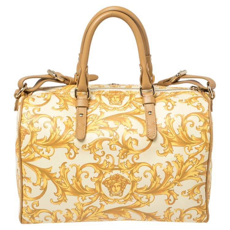 Pre Owned Versace Mustard/Beige Printed Coated Canvas and Leather Medusa Boston Bag