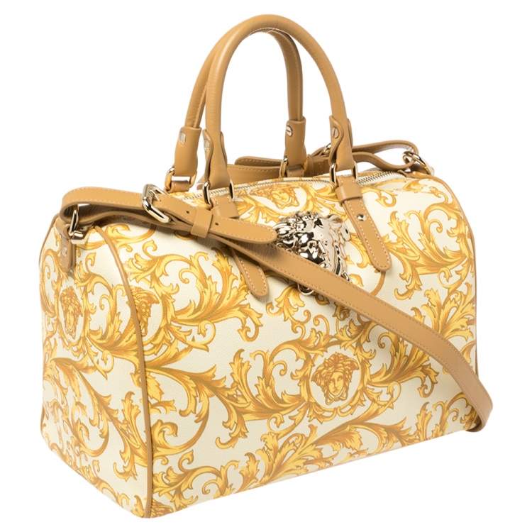 Pre Owned Versace Mustard/Beige Printed Coated Canvas and Leather Medusa Boston Bag