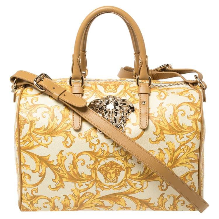 Pre Owned Versace Mustard/Beige Printed Coated Canvas and Leather Medusa Boston Bag