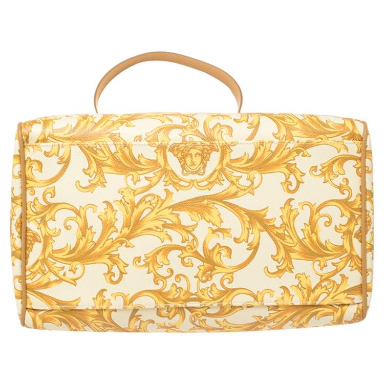 Pre Owned Versace Mustard/Beige Printed Coated Canvas and Leather Medusa Boston Bag