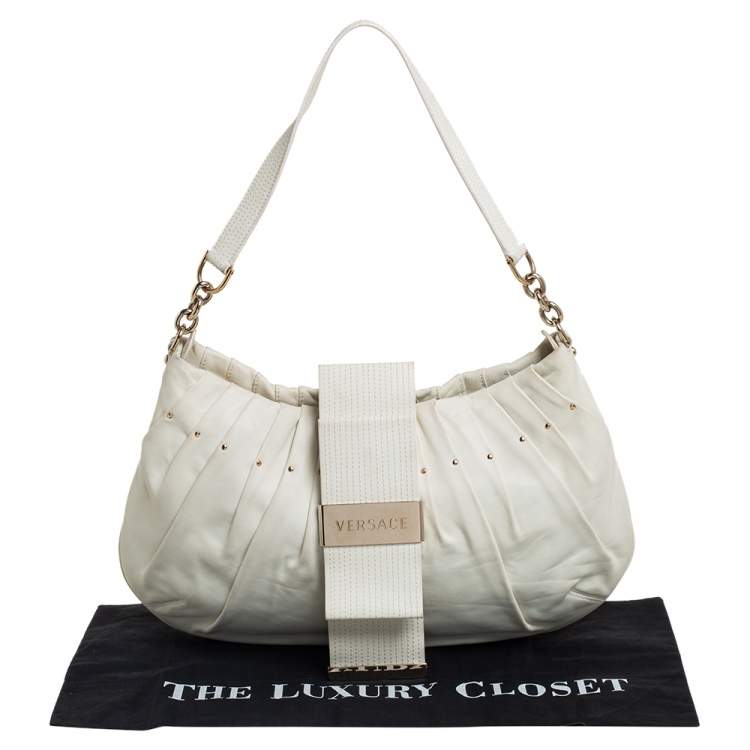 Pre Owned Versace White Pleated Leather Studded Hobo