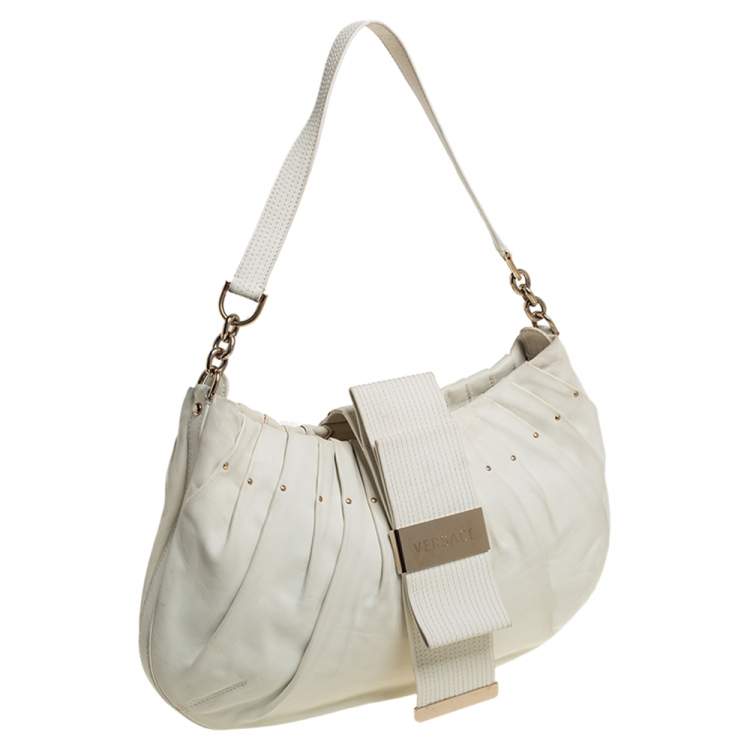 Pre Owned Versace White Pleated Leather Studded Hobo