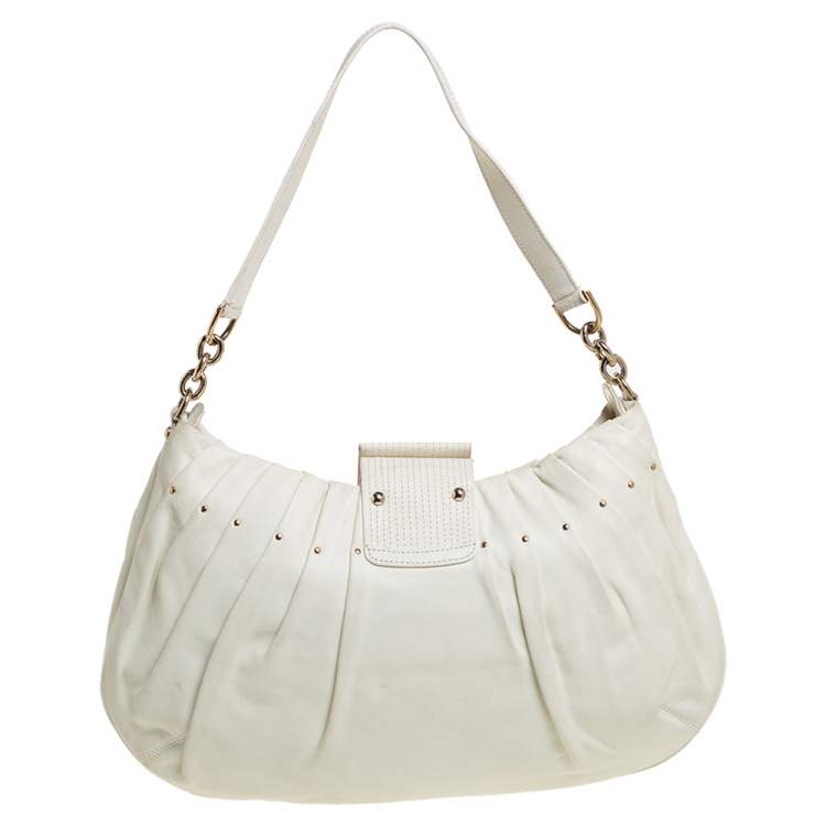 Pre Owned Versace White Pleated Leather Studded Hobo