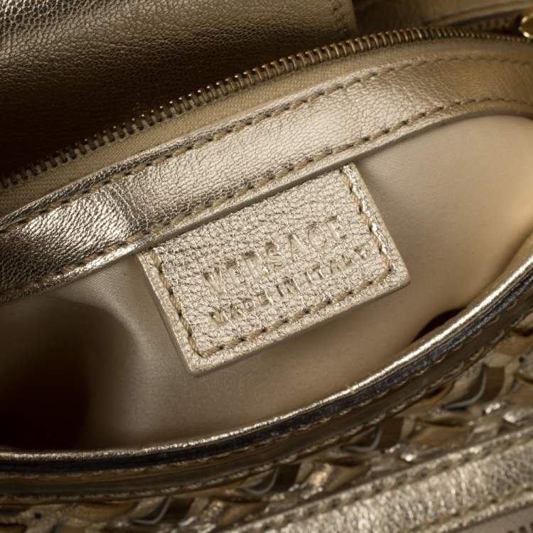 Pre Owned Versace Metallic Gold Woven Leather Crystal Embellished V Satchel